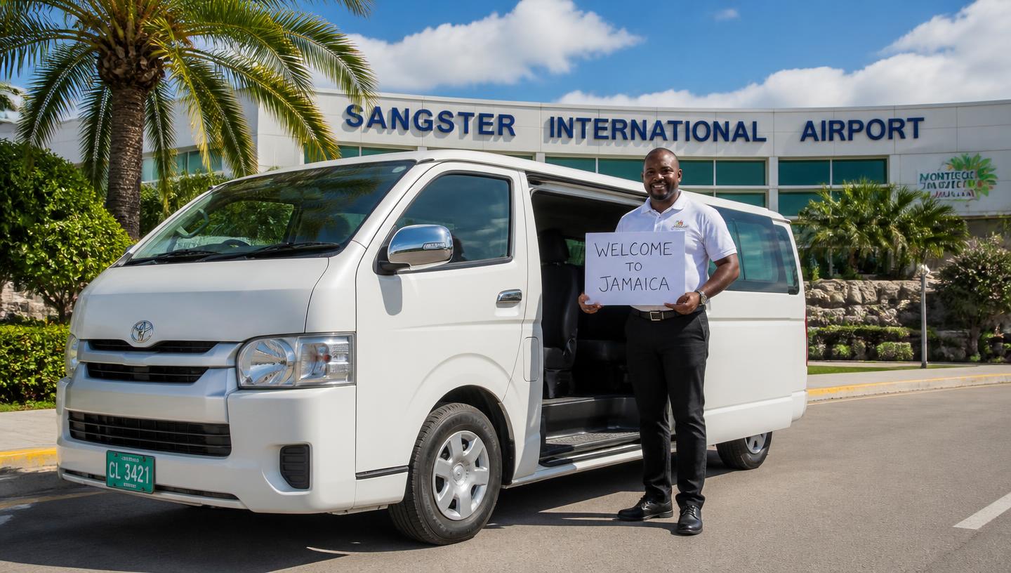 White PMI Tours van and driver at Sangster International Airport